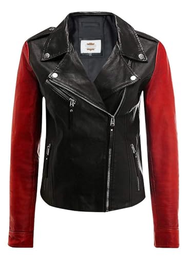 Leather Moto Jacket with Red Sleeves, Asymmetric Zipper, Multiple